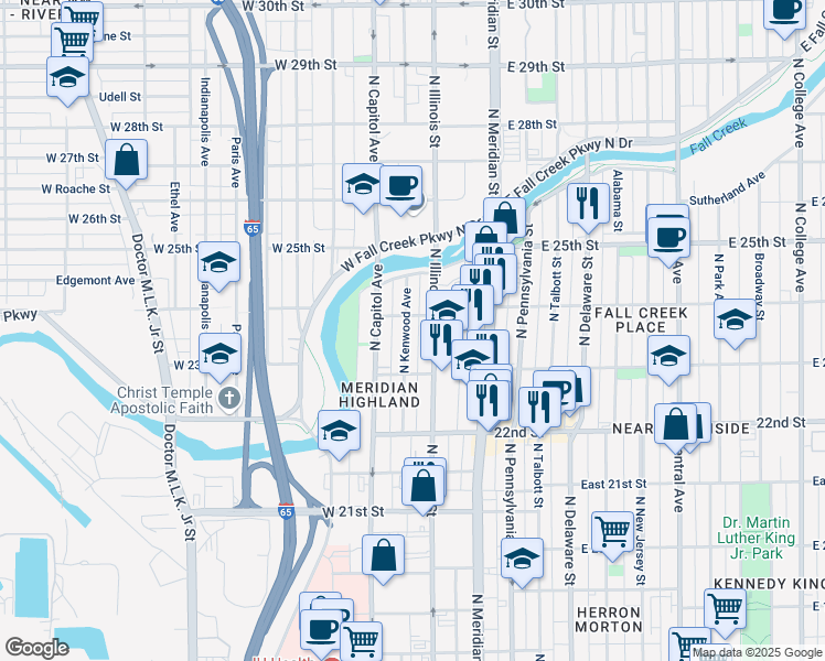 map of restaurants, bars, coffee shops, grocery stores, and more near 2401 North Kenwood Avenue in Indianapolis