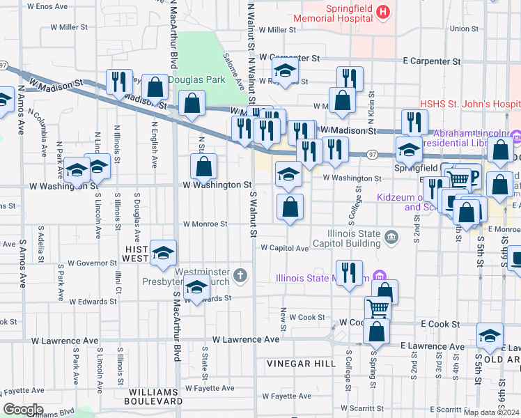 map of restaurants, bars, coffee shops, grocery stores, and more near 26 Walnut Street Court in Springfield