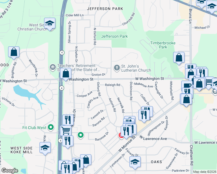 map of restaurants, bars, coffee shops, grocery stores, and more near 2500-2598 W Washington St in Springfield