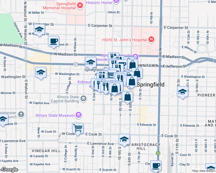 map of restaurants, bars, coffee shops, grocery stores, and more near 227 East Adams Street in Springfield