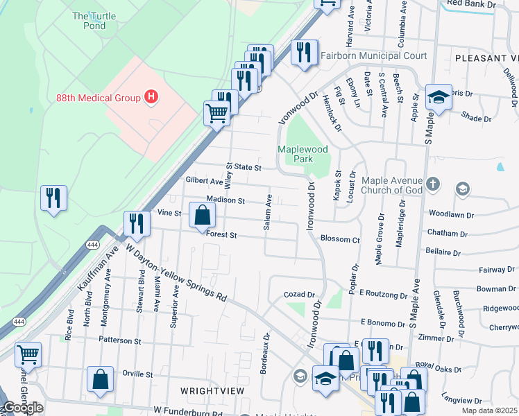 map of restaurants, bars, coffee shops, grocery stores, and more near 203 Madison Street in Fairborn