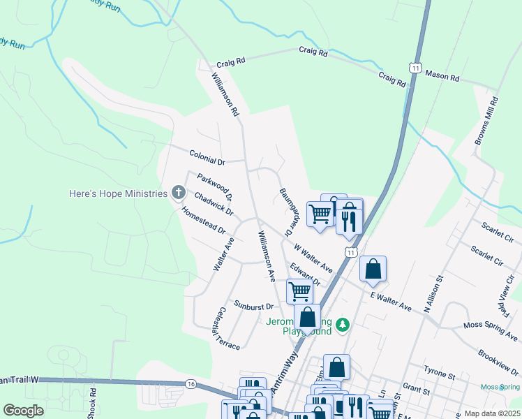 map of restaurants, bars, coffee shops, grocery stores, and more near 207 Williamson Avenue in Greencastle