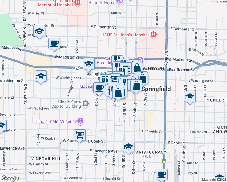 map of restaurants, bars, coffee shops, grocery stores, and more near 122 South 4th Street in Springfield