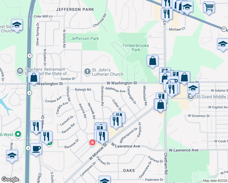 map of restaurants, bars, coffee shops, grocery stores, and more near 2312 Makemie Avenue in Springfield