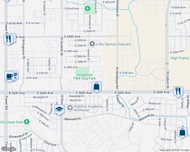 map of restaurants, bars, coffee shops, grocery stores, and more near 5726 North Genoa Way in Aurora