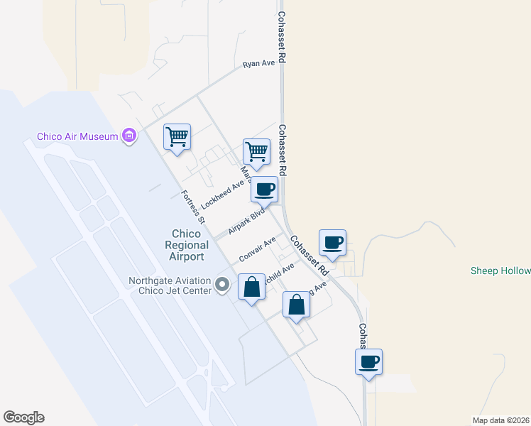 map of restaurants, bars, coffee shops, grocery stores, and more near 999 Marauder Street in Chico