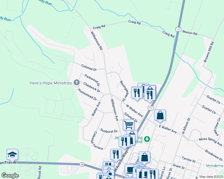 map of restaurants, bars, coffee shops, grocery stores, and more near 207 Williamson Avenue in Greencastle