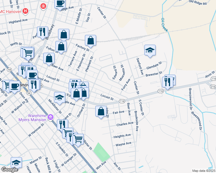 map of restaurants, bars, coffee shops, grocery stores, and more near 538 Baer Avenue in Hanover