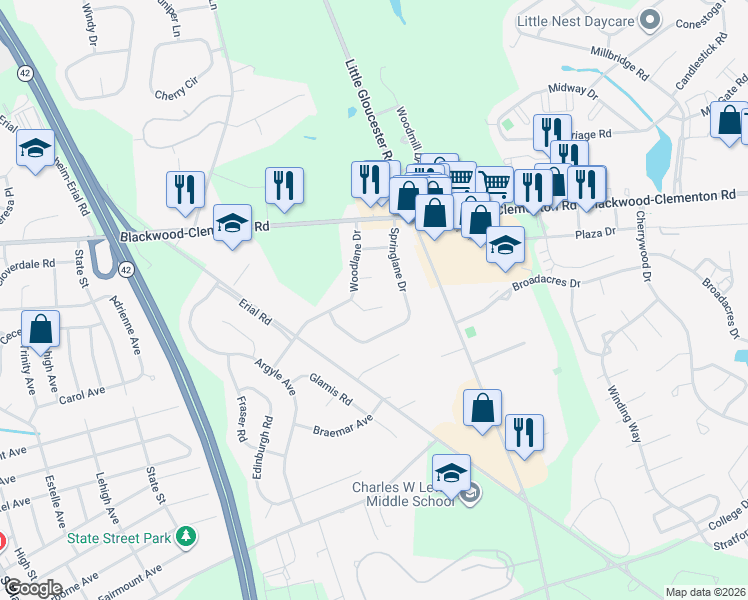 map of restaurants, bars, coffee shops, grocery stores, and more near 2 Camelot Court in Gloucester Township