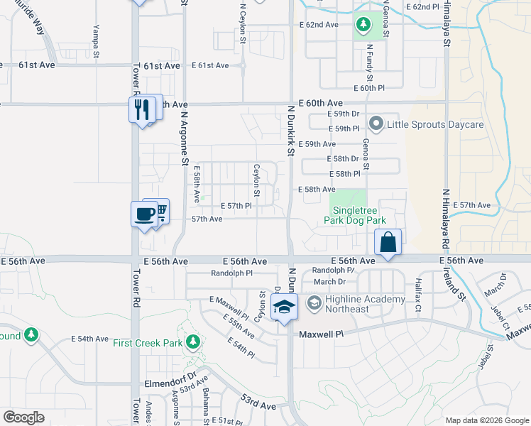 map of restaurants, bars, coffee shops, grocery stores, and more near 5754 Ceylon Street in Denver