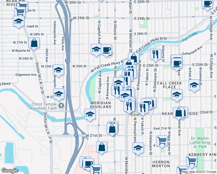 map of restaurants, bars, coffee shops, grocery stores, and more near 2401 North Kenwood Avenue in Indianapolis