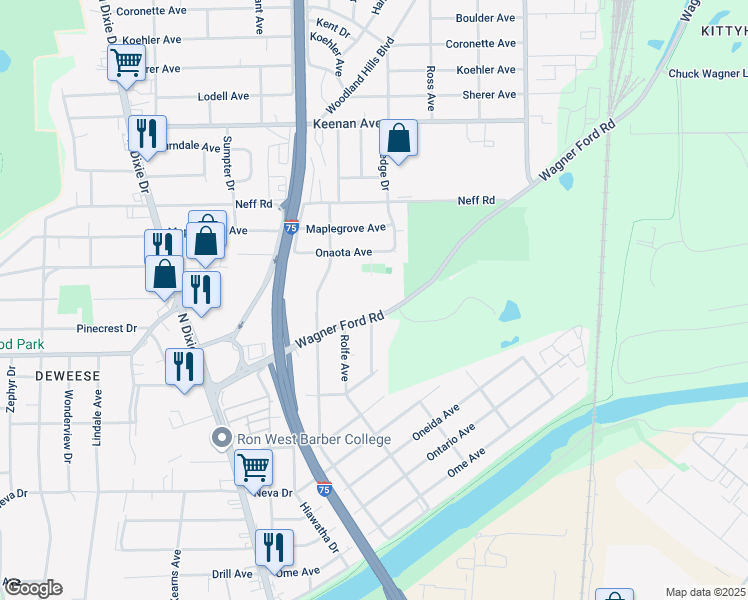 map of restaurants, bars, coffee shops, grocery stores, and more near 2655 Wagner Ford Road in Dayton