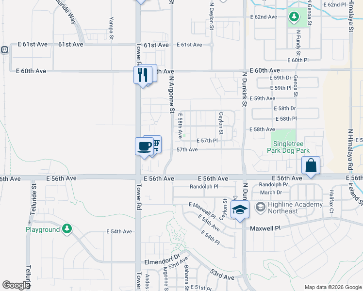 map of restaurants, bars, coffee shops, grocery stores, and more near 18817 Argonne Street in Denver