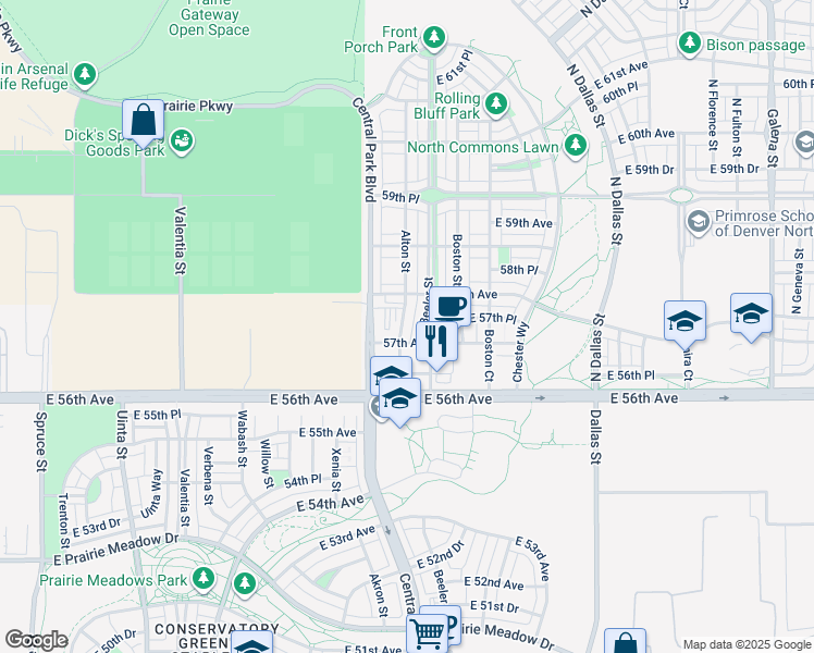 map of restaurants, bars, coffee shops, grocery stores, and more near 5764 Alton Street in Denver