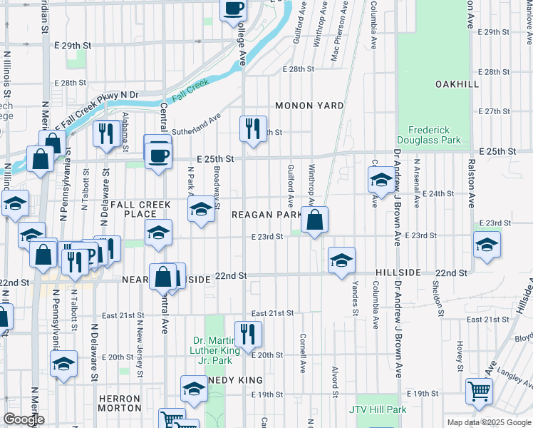 map of restaurants, bars, coffee shops, grocery stores, and more near 2354 Carrollton Avenue in Indianapolis