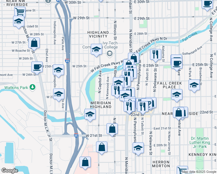 map of restaurants, bars, coffee shops, grocery stores, and more near 2401 North Kenwood Avenue in Indianapolis