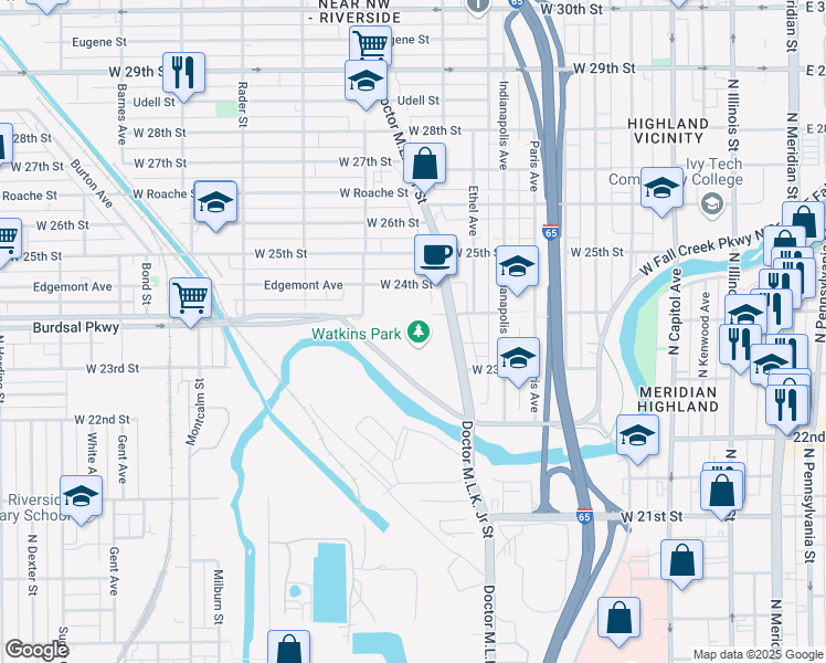 map of restaurants, bars, coffee shops, grocery stores, and more near 2401-2437 Franklin Pl in Indianapolis