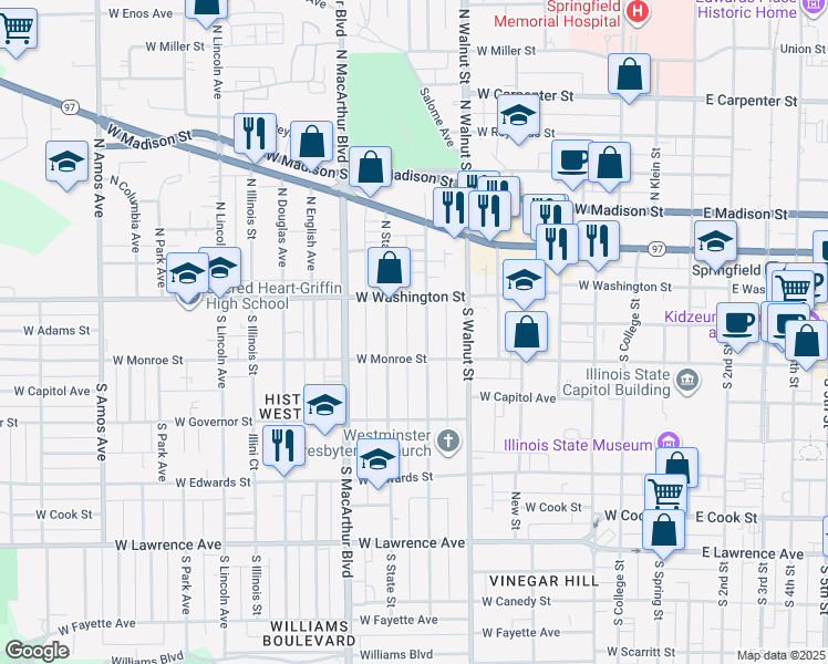map of restaurants, bars, coffee shops, grocery stores, and more near 123 South Glenwood Avenue in Springfield