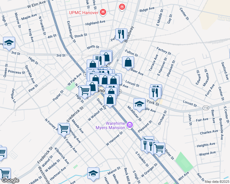 map of restaurants, bars, coffee shops, grocery stores, and more near 33 York Street in Hanover