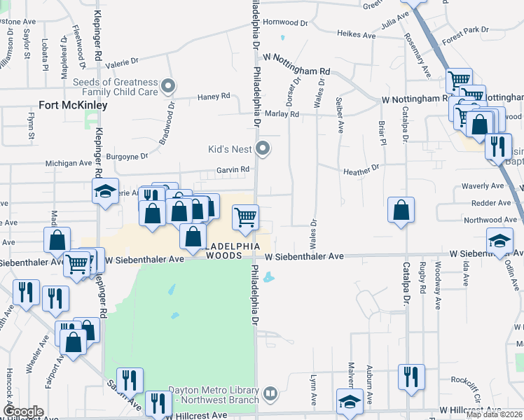map of restaurants, bars, coffee shops, grocery stores, and more near 3231 Philadelphia Drive in Dayton