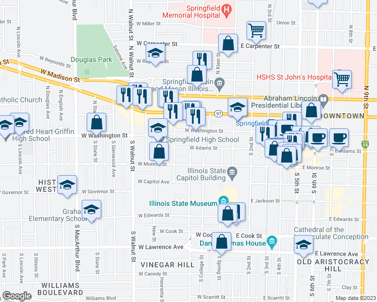 map of restaurants, bars, coffee shops, grocery stores, and more near 400 West Adams Street in Springfield