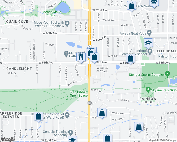 map of restaurants, bars, coffee shops, grocery stores, and more near 5675 Ward Road in Arvada