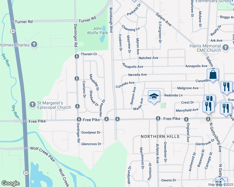 map of restaurants, bars, coffee shops, grocery stores, and more near 3694 Brumbaugh Boulevard in Dayton