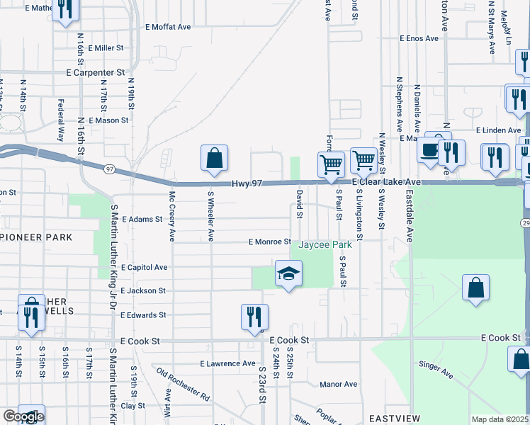 map of restaurants, bars, coffee shops, grocery stores, and more near 2209 East Adams Street in Springfield