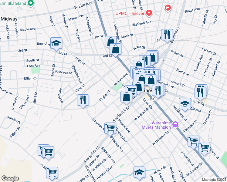 map of restaurants, bars, coffee shops, grocery stores, and more near 128 High Street in Hanover
