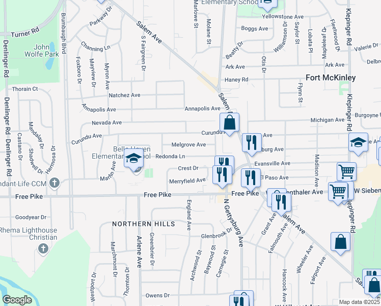 map of restaurants, bars, coffee shops, grocery stores, and more near 4141 Redonda Lane in Dayton