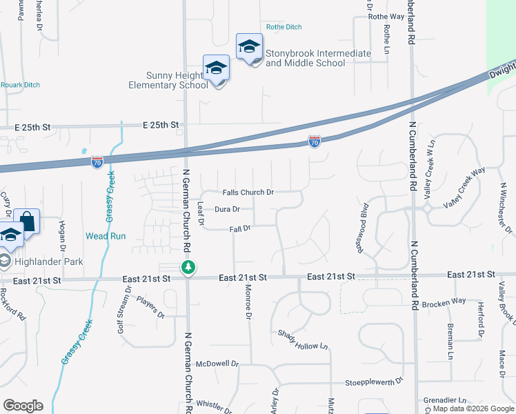 map of restaurants, bars, coffee shops, grocery stores, and more near 11227 Falls Church Drive in Indianapolis