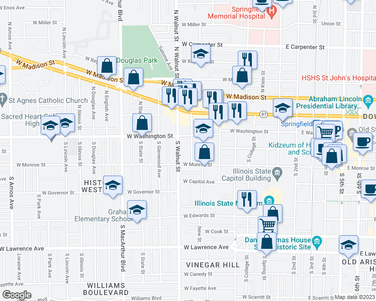 map of restaurants, bars, coffee shops, grocery stores, and more near 205 South Parker Avenue in Springfield