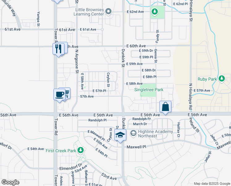 map of restaurants, bars, coffee shops, grocery stores, and more near 5754 Ceylon Street in Denver