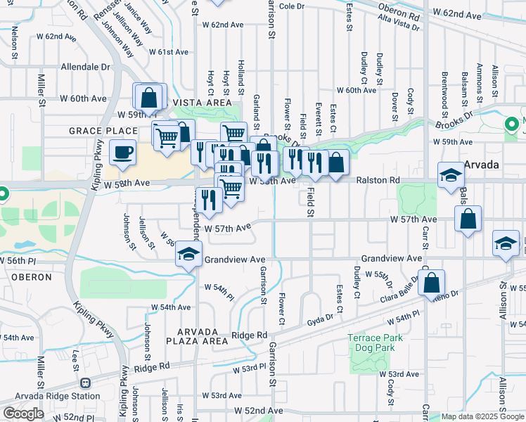 map of restaurants, bars, coffee shops, grocery stores, and more near 9222 West 58th Avenue in Arvada