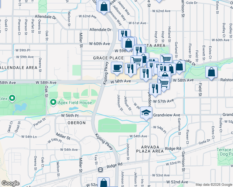 map of restaurants, bars, coffee shops, grocery stores, and more near 5750 Kipling Street in Arvada