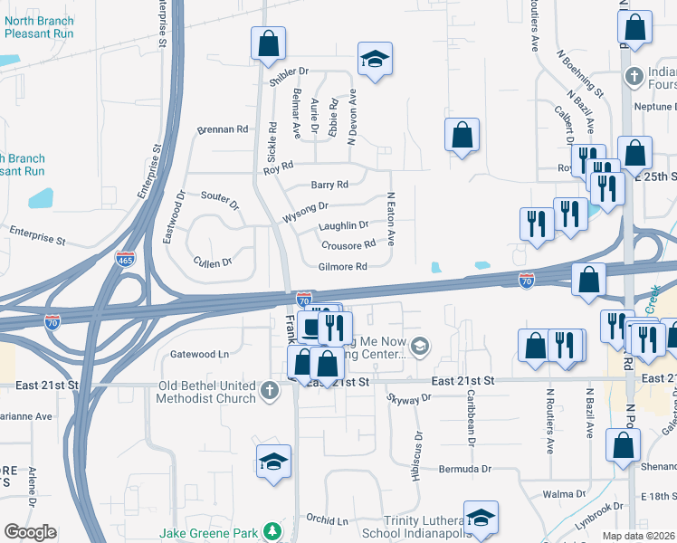 map of restaurants, bars, coffee shops, grocery stores, and more near 8204 Gilmore Road in Indianapolis
