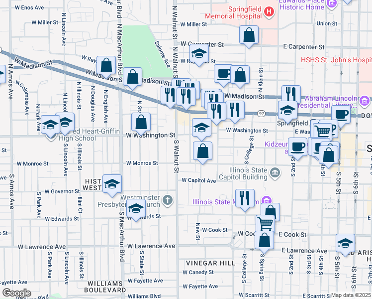 map of restaurants, bars, coffee shops, grocery stores, and more near 26 Walnut Street Court in Springfield