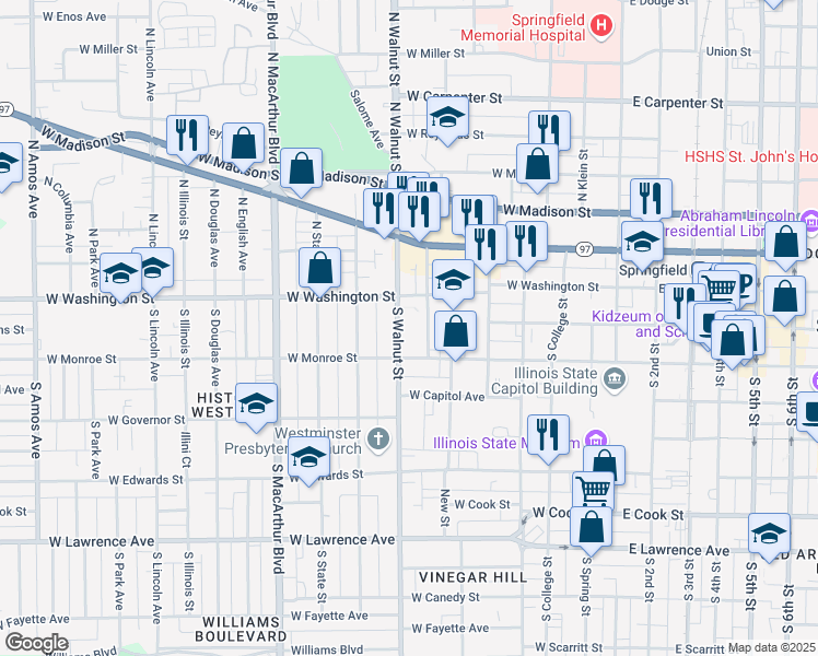 map of restaurants, bars, coffee shops, grocery stores, and more near 26 Walnut Street Court in Springfield