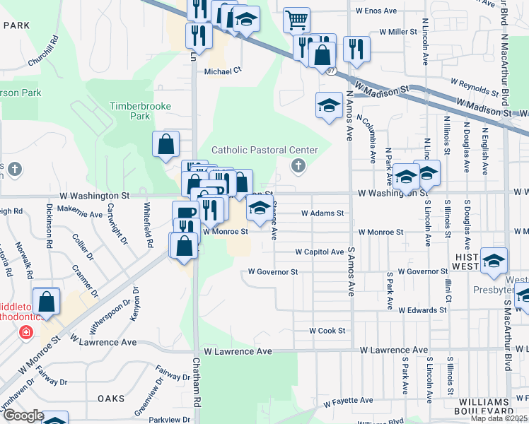 map of restaurants, bars, coffee shops, grocery stores, and more near 1750 West Washington Street in Springfield