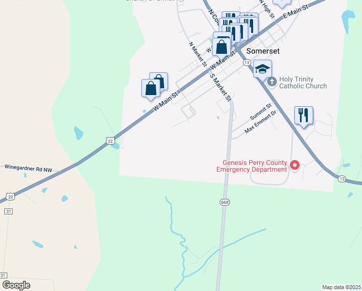 map of restaurants, bars, coffee shops, grocery stores, and more near 323 West Main Street in Somerset