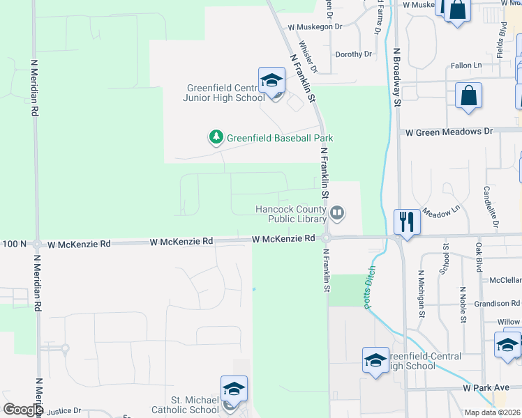 map of restaurants, bars, coffee shops, grocery stores, and more near 1200 West McKenzie Road in Greenfield