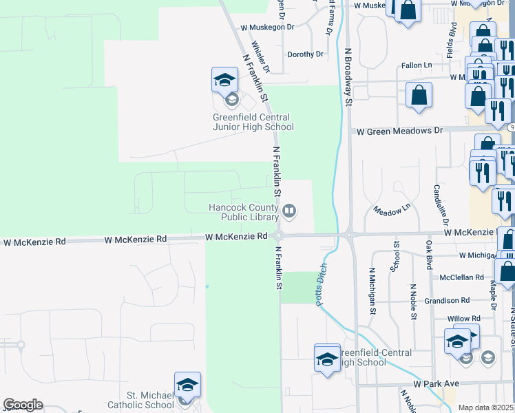 map of restaurants, bars, coffee shops, grocery stores, and more near 1058 North Franklin Street in Greenfield
