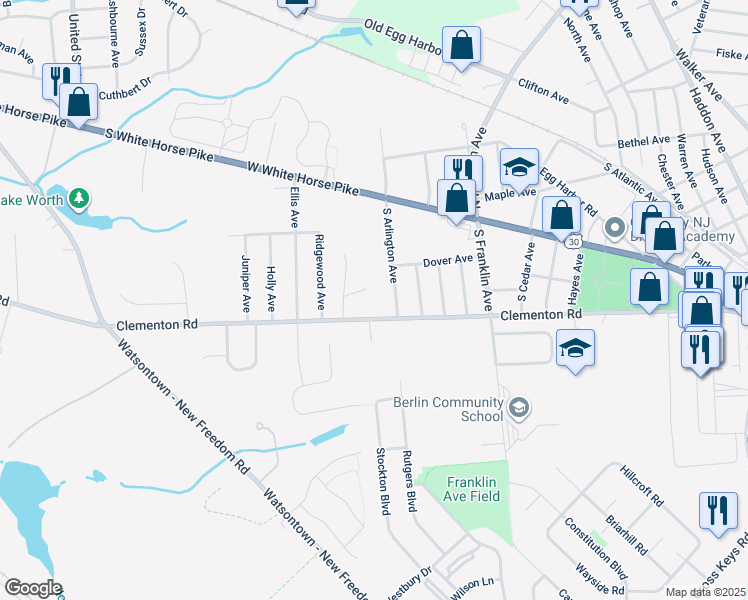 map of restaurants, bars, coffee shops, grocery stores, and more near 194 Clementon Road in Berlin