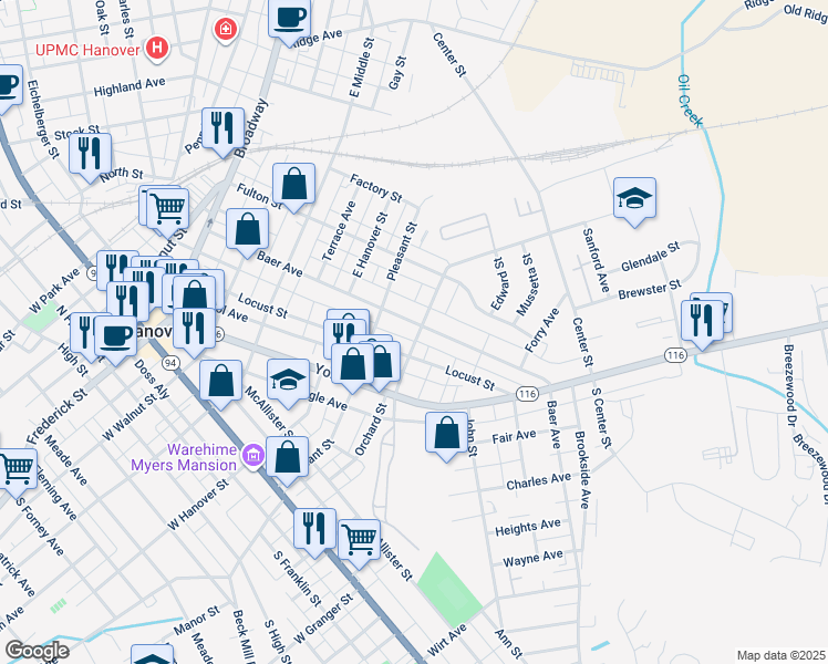 map of restaurants, bars, coffee shops, grocery stores, and more near 427 Baer Avenue in Hanover