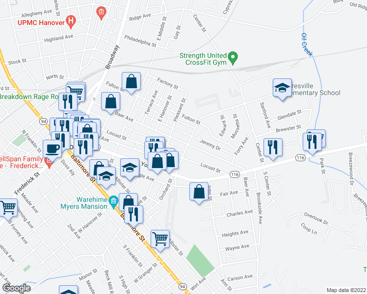 map of restaurants, bars, coffee shops, grocery stores, and more near 427 Baer Avenue in Hanover