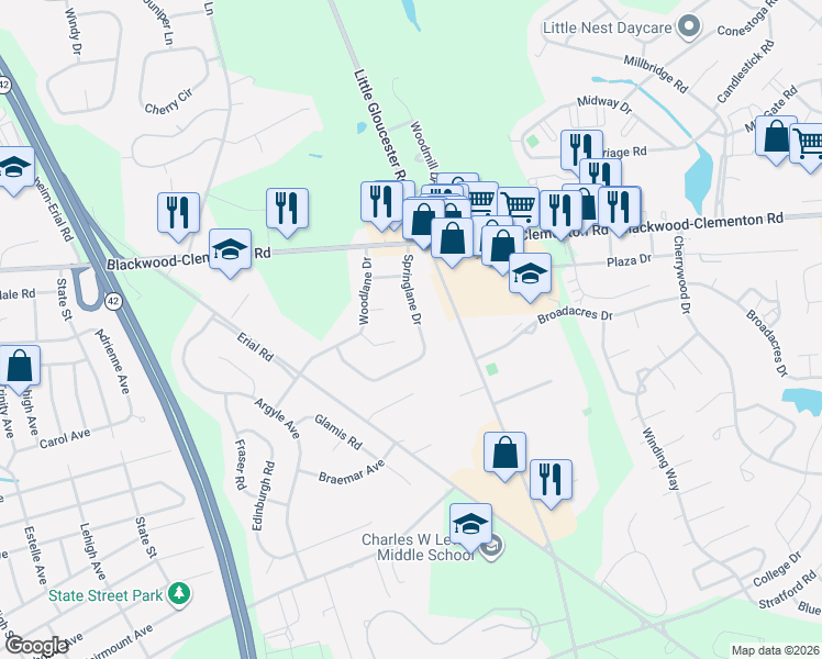 map of restaurants, bars, coffee shops, grocery stores, and more near 24 Springlane Drive in Camden County