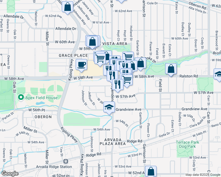 map of restaurants, bars, coffee shops, grocery stores, and more near 5745 Independence Street in Arvada