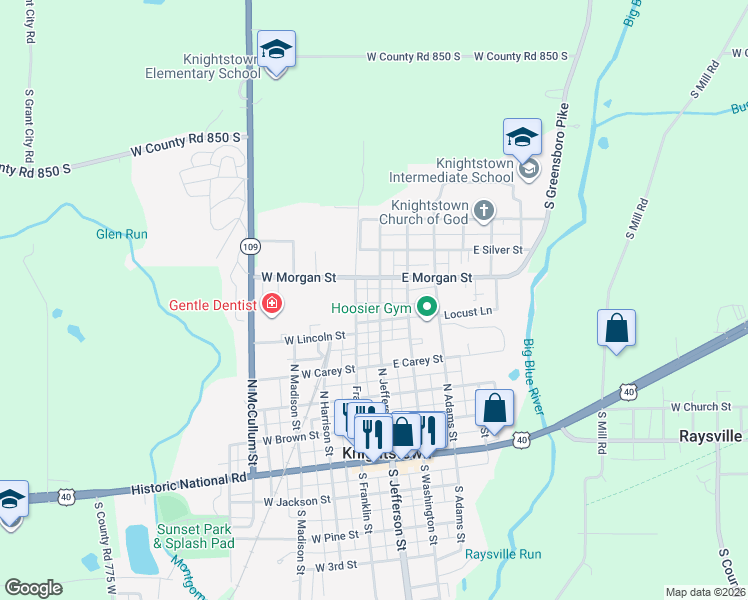 map of restaurants, bars, coffee shops, grocery stores, and more near 470 North Jefferson Street in Knightstown