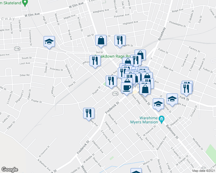 map of restaurants, bars, coffee shops, grocery stores, and more near 121 Gail Street in Hanover