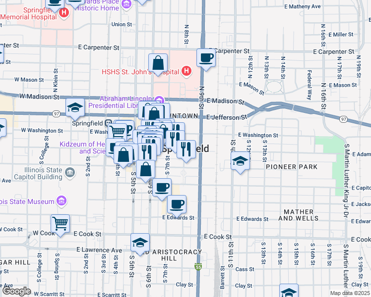 map of restaurants, bars, coffee shops, grocery stores, and more near in Springfield